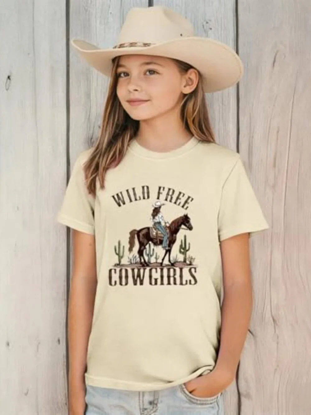 Girls Cowgirl Western Rodeo Horse Graphic Cotton Tee Short Sleeve